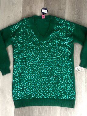 Save The Queen Sweater Dress or Long Sweater Sequins Front Kelly Green XL NWT XL